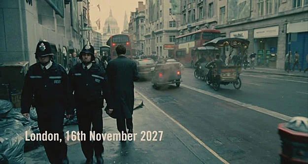 Footage of film children of men showing London on 16th November 2027 with the shard building in shot 