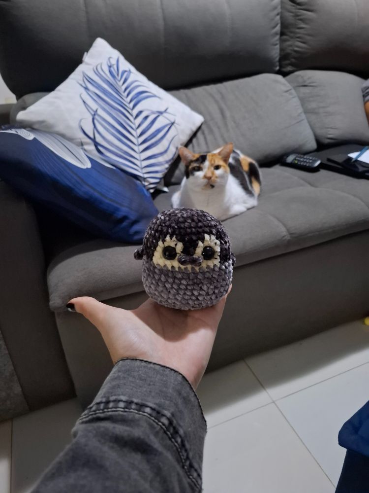 Fotografia de mão segurando um pinguim de amigurumi. Ao fundo, um sofá com uma gatinha tricolor deitada observando tudo com ar de curiosidade.