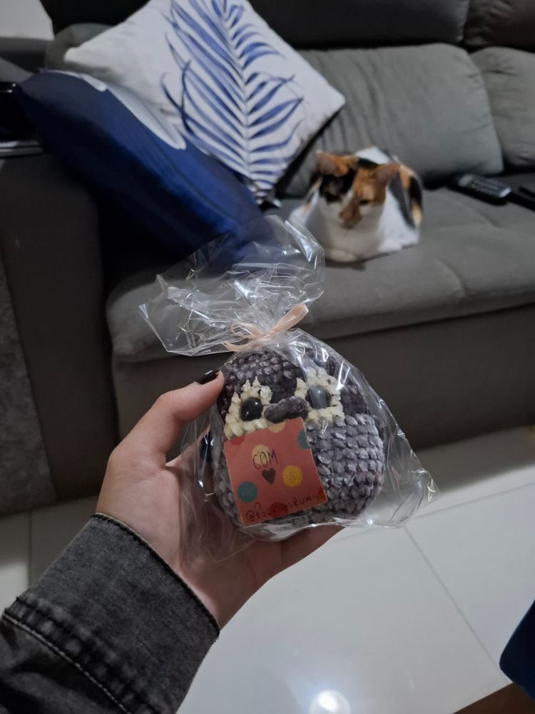 Fotografia de mão segurando um pinguim de amigurumi embalado em plástico com cartãozinho. Ao fundo, um sofá com uma gatinha tricolor deitada observando tudo com ar de curiosidade.