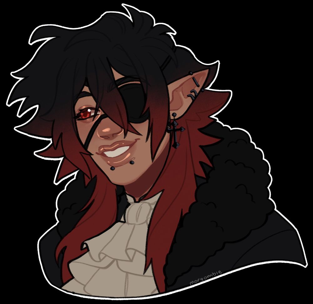 Bust shot of a warm-toned, smiling elven man with gothic attire. He's a not-so-subtle vampire, and his name is Elaric Blackwin.