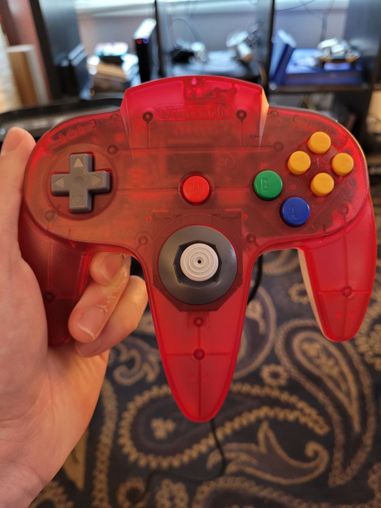 A watermelon N64 controller. 