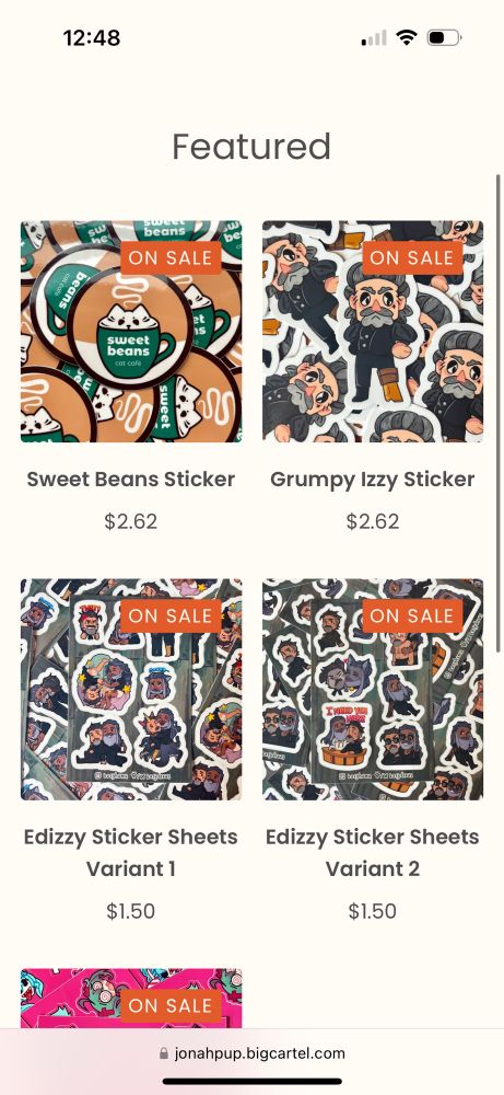 screenshot showing my stickers on my big cartel shop, they all say “ON SALE”