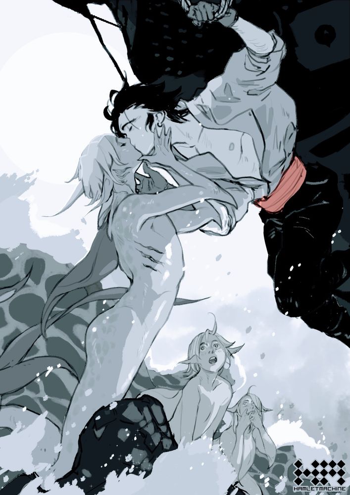 Merman kissing human sailor hanging off the side of a ship while other merfolk watch <3