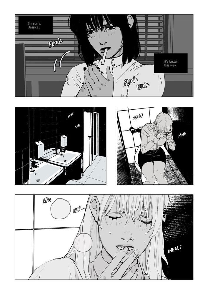 Mickey+Jessica comic page example, featuring panels of Angelina smoking and Jessica crying.
