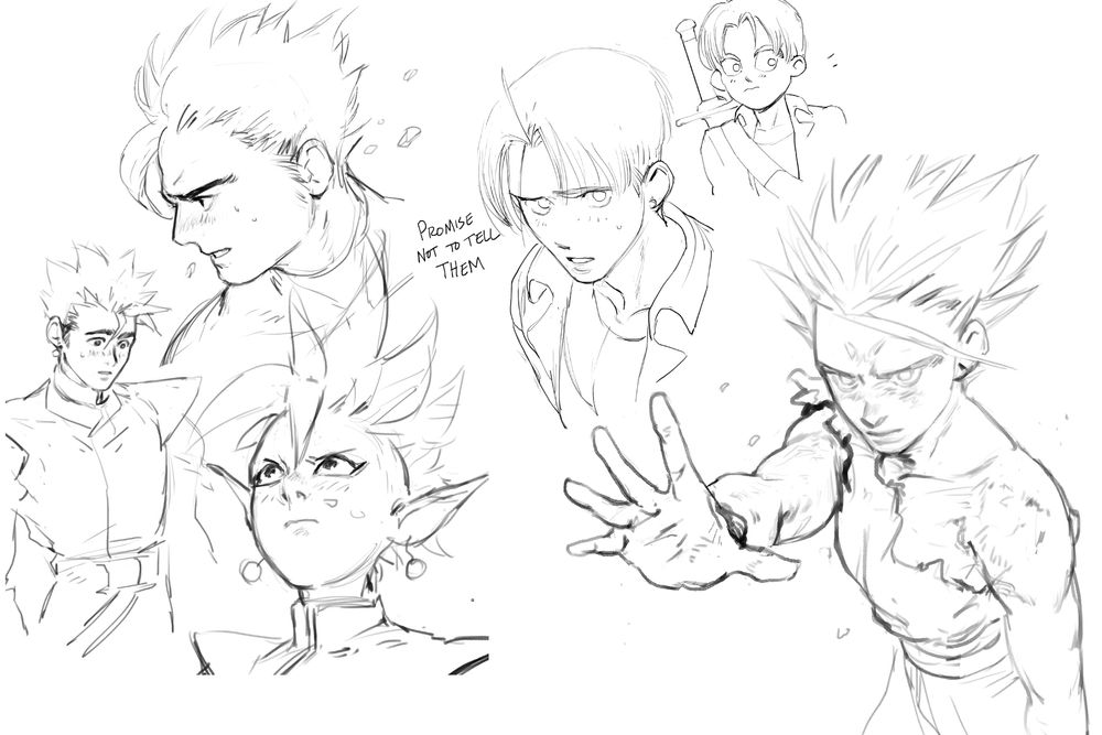 Black and white collage sketches of DBZ characters, including S2 Gohan, mirai Trunks, and Kaioshin