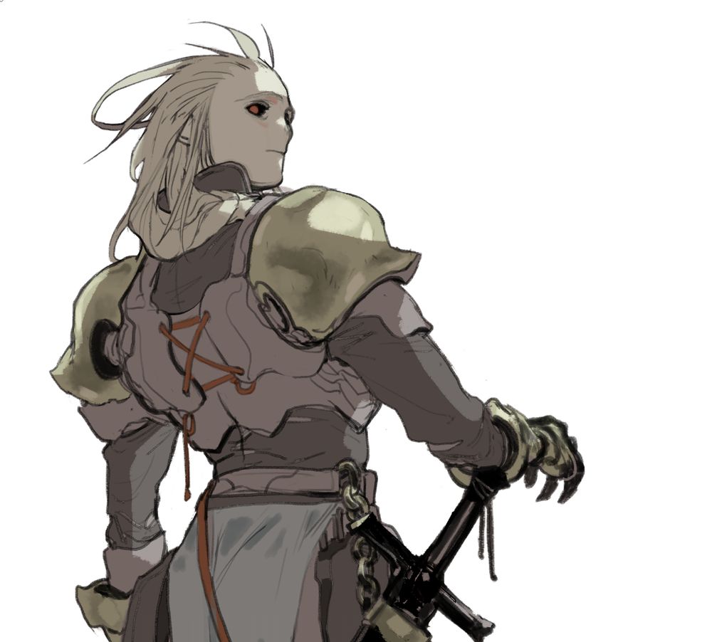 Illustration on a white bg of my friend's DnD OC, Calla (a pale Paladin with black eyes and blonde hair) in armor, looking over her shoulder with an arm resting on the hilt of her sword.