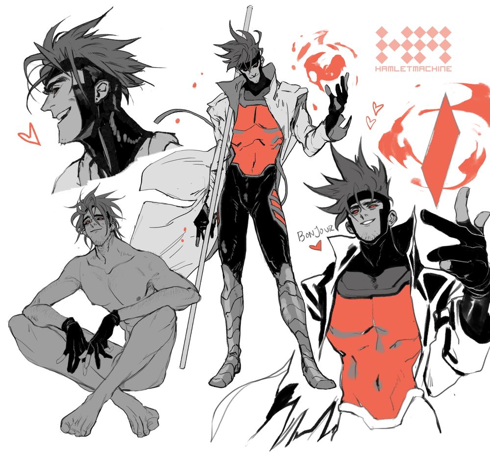 Capcom Gambit design sketches, black and white with red accent color 
