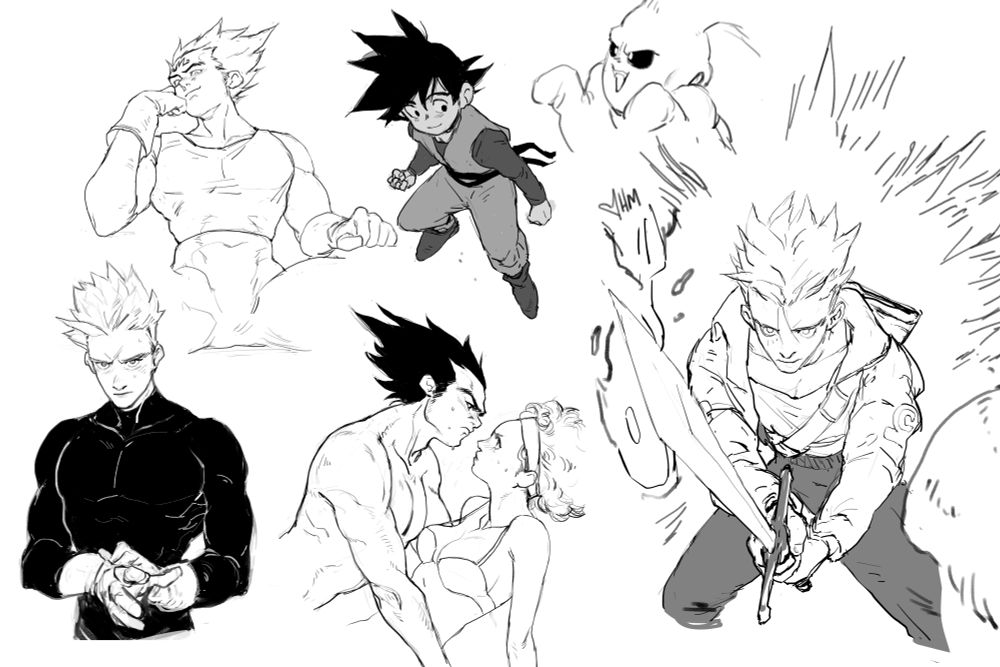 Black and white collage sketches of DBZ characters, including S2 Gohan, Vegeta/Bulma, mirai Trunks, and Goten