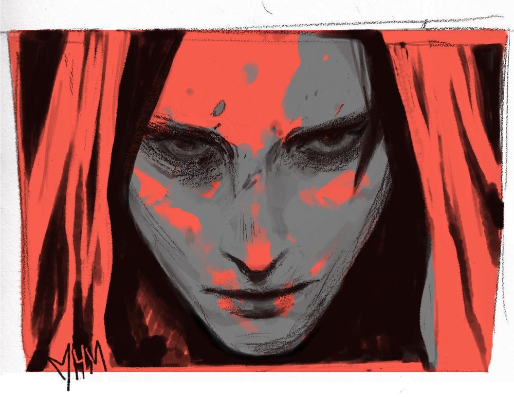 An illustration with rough linework of a grey face cloaked in red, the skin is mottled with red marks.