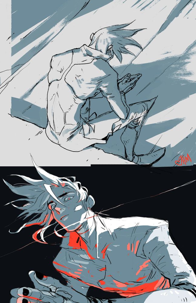 A blue toned (with orange accent colors), two-panel drawing of a character sitting down, from two different angles  