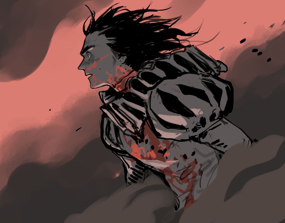 A machine OC looking worried, they are dressed in a jester costume and they have a bloody neck - the sky is pink and smokey 