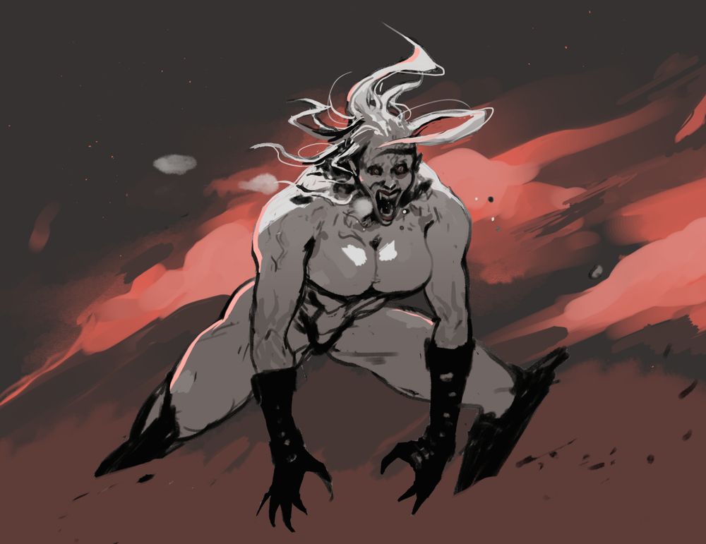 A villain OC "Dom" drawn in muted tones, with stringy hair and a muscular figure: they have black gloves and little armor, looking angry. The sky behind them is abstract pink and smokey. 