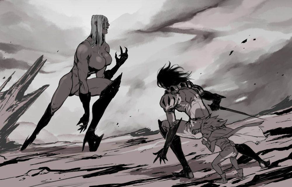 Black and white sketches with grey/pink tones of my OC characters: there's a big menacing woman and a person in a jester costume protecting a girl. The background is rough terrain and the sky is grey.