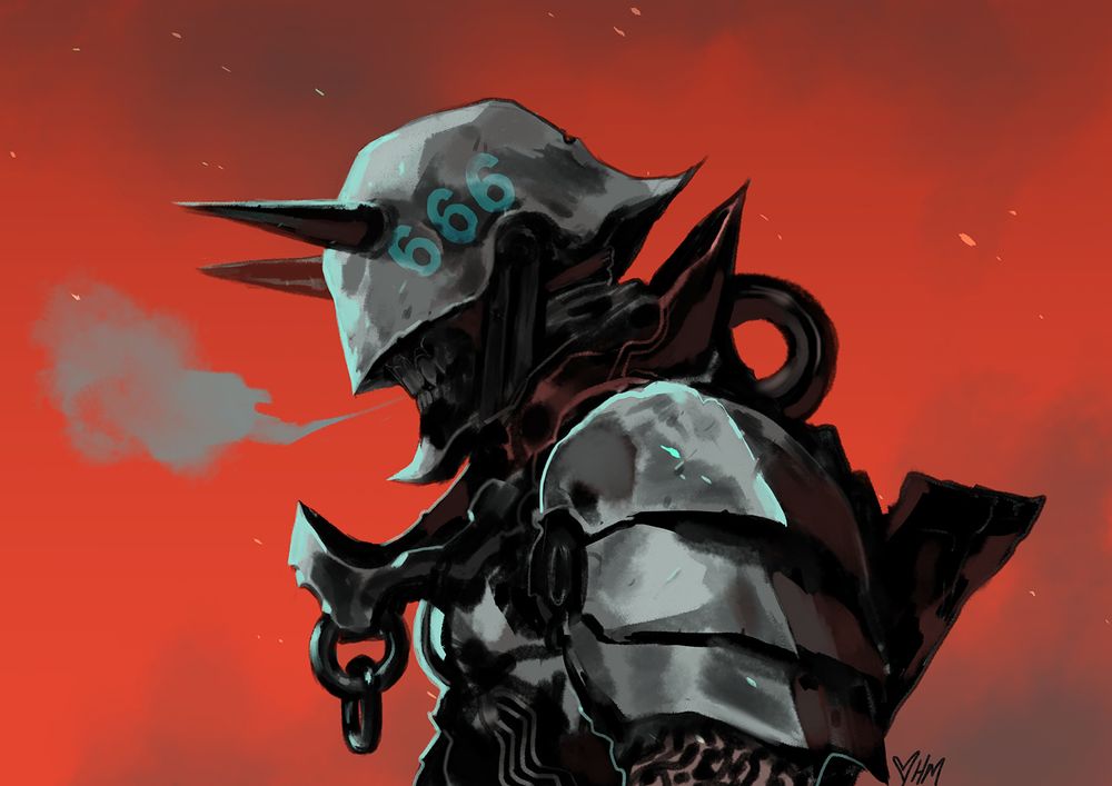 Illustration of an armored monster character in profile with teeth bared in front of a red background.