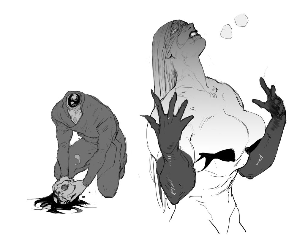 Black and white sketches with grey tones of my OC characters: The Dom, looking angry and holding her gloved arms out, panting. And a Machine, the headless body holding their decapitated head.