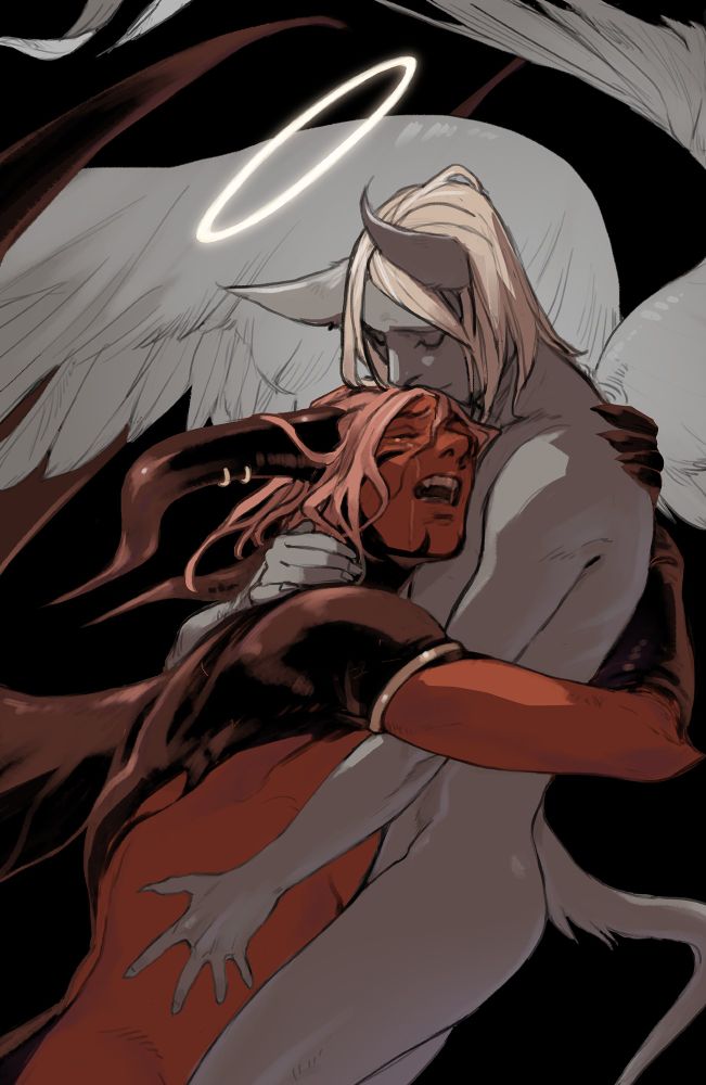 A color illustration of a winged angel creature with a halo embracing a red devil who is sobbing in their arms. These are characters from my comic, Lucifer's Garden.