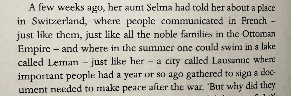 A few weeks ago, her aunt Selma had told her about a place in Switzerland, where people communicated in French - just like them, just like all the noble families in the Ottoman Empire - and where in the summer one could swim in a lake called Leman - just like her — a city called Lausanne where important people had a year or so ago gathered to sign a document needed to make peace after the war.