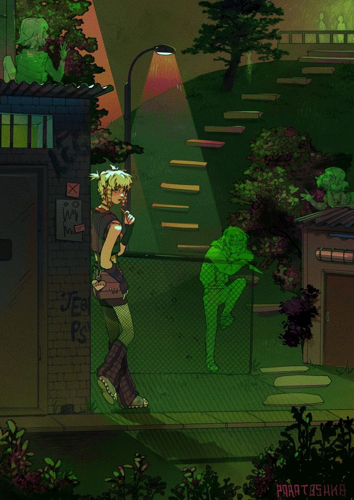 Alternative girl standing besides a small shack, green shapes of people, ghosts aren't visible to her, she looks at you from behind