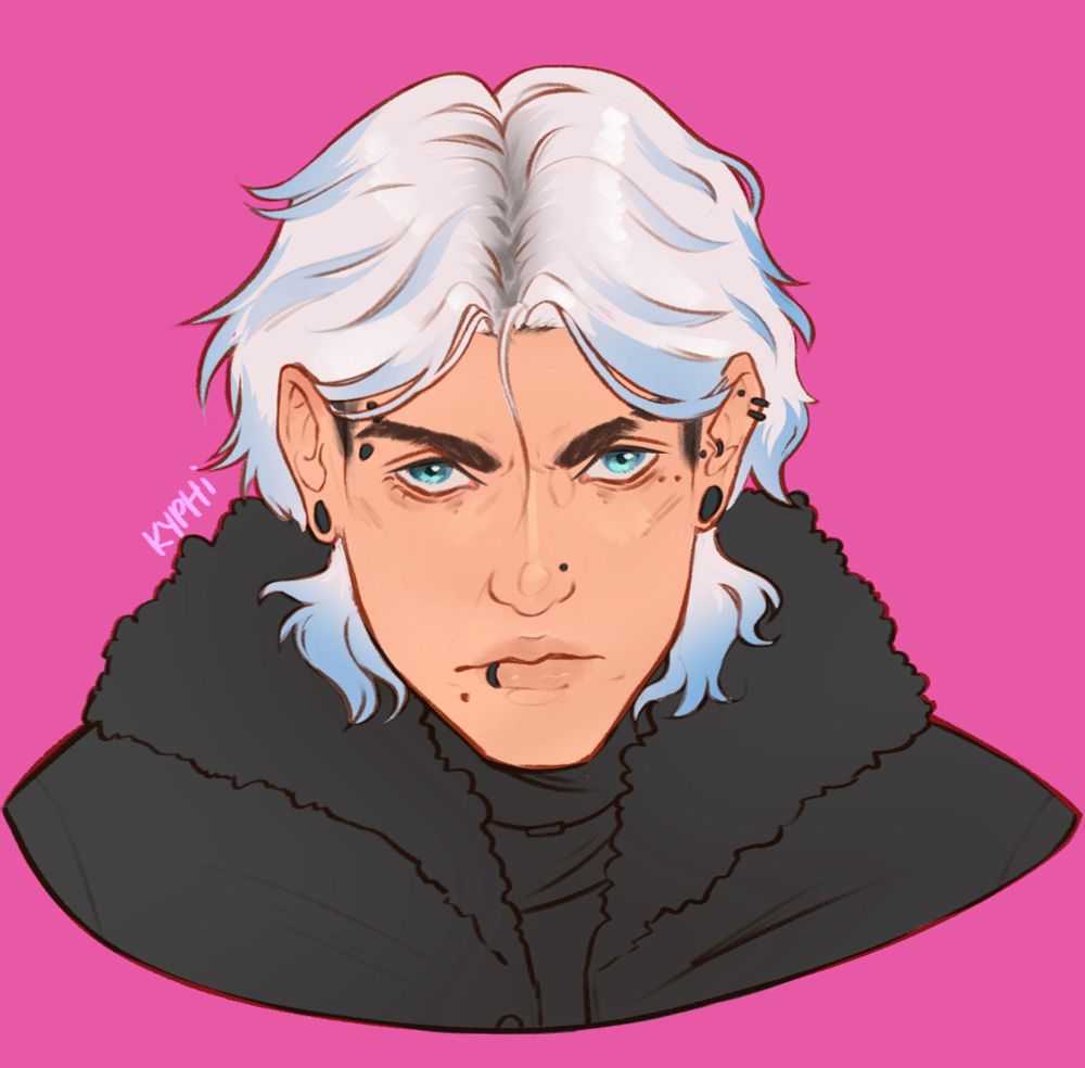 Kaz on a neon pink BG staring intensely at the viewer. He is wearing a black fur coat