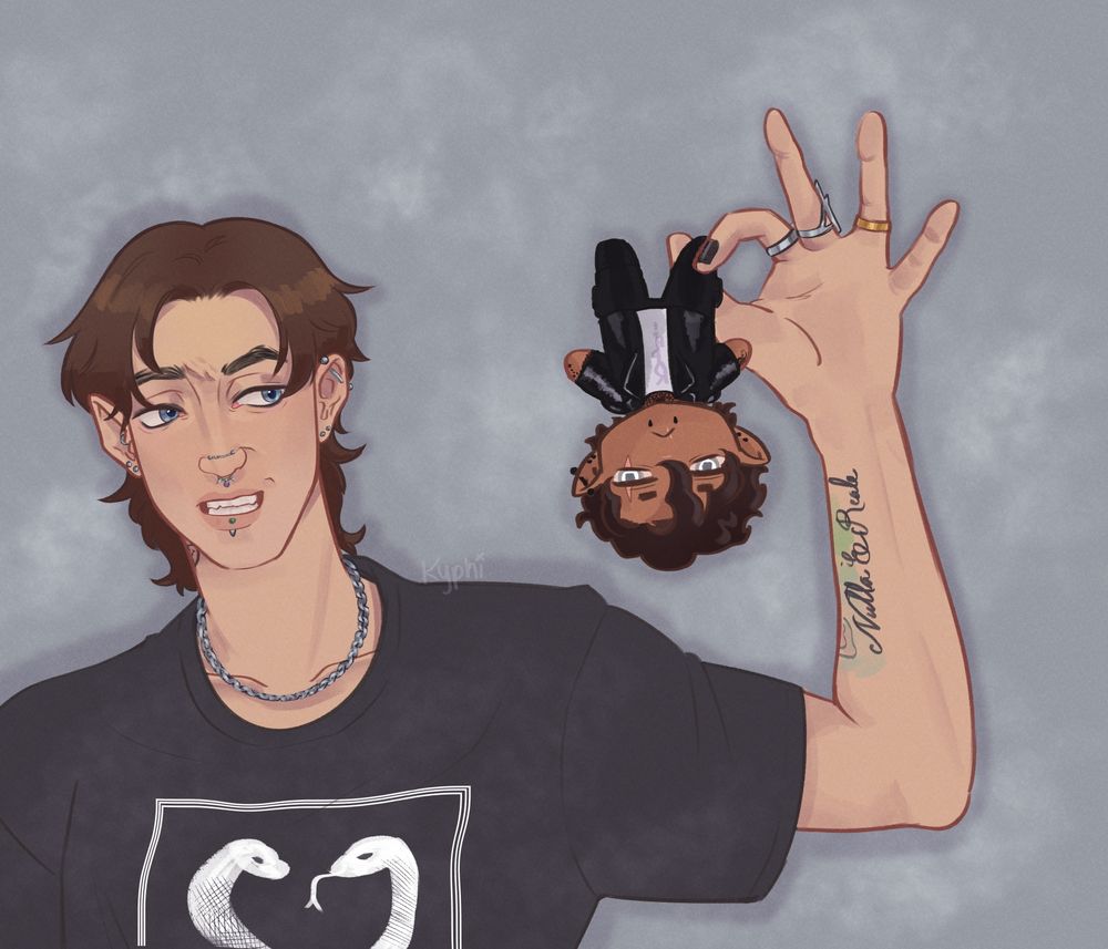 Meme redraw (source Meme is Neil Newbon holding an Astarion plushie upside down) with myself holding my OC Ryo as a plushie upside down. I look disgusted (I am. This man sucks, I love him). 