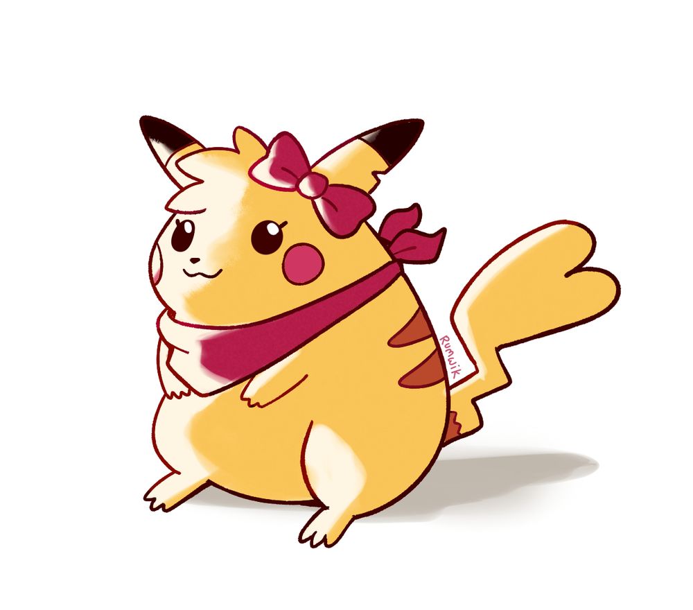 Illustration of my pikachu OC drawn in the classic Ken Sugimori style. She is a female pikachu with a heart-shaped tail tip, a bandana and a bow around her left ear. She also has a small notch in her left ear.
