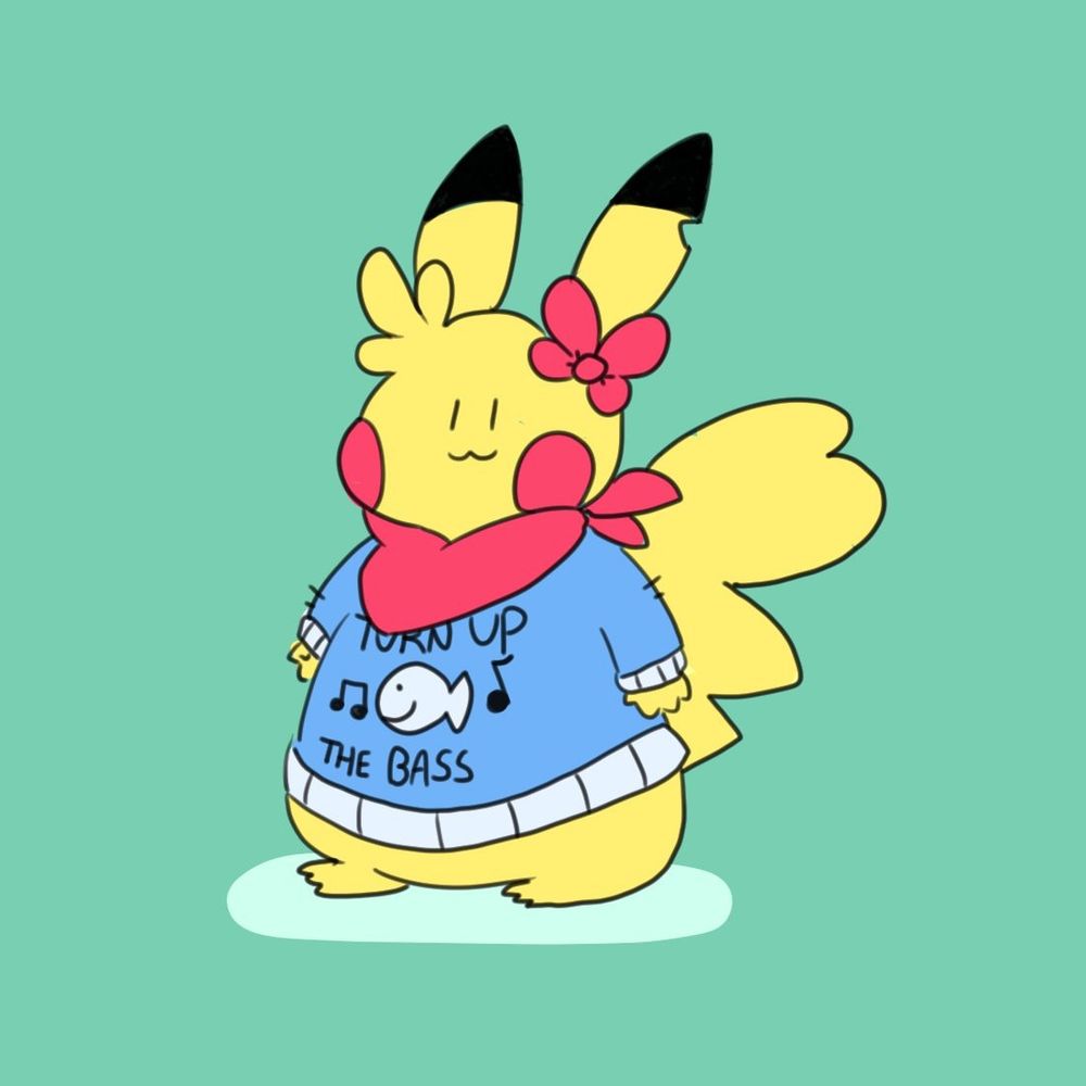 Illustration of a pikachu on a solid color backgroun. She is making a tiny ':3' face and very round. She's wearing a big sweather that says "TURN UP THE BASS" with a picture of a little fish and music notes. She's also sporting a bandana around her next and a small bow on her left ear.