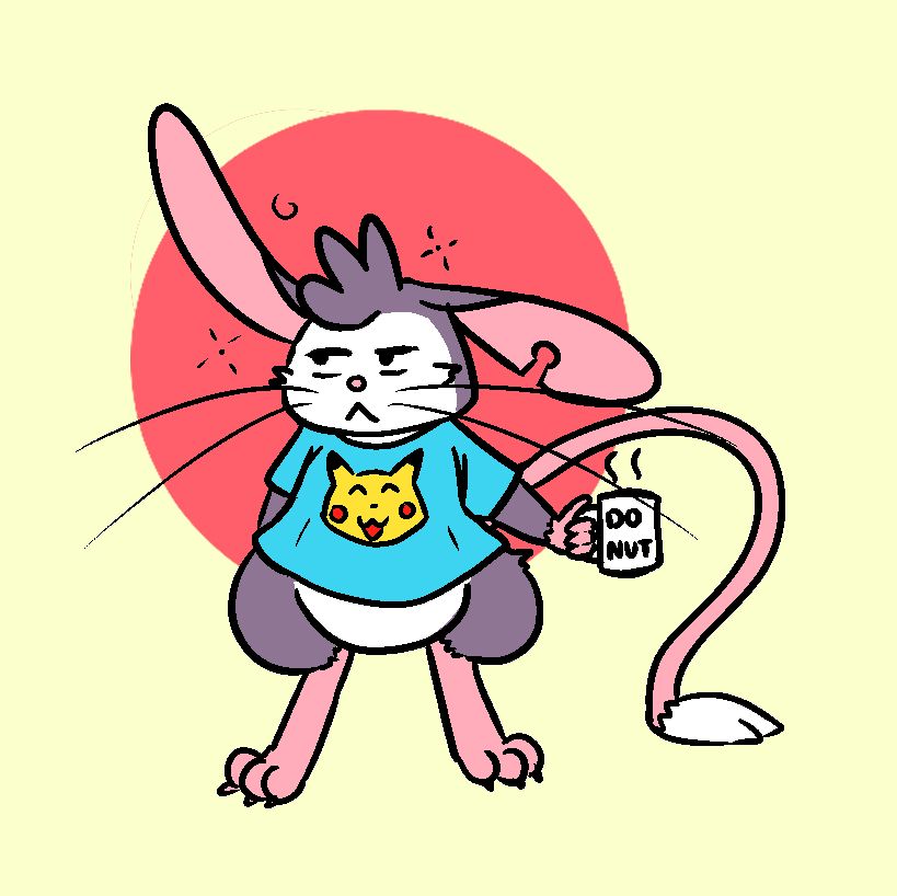 Illustration of a sleepy jerboa-like alien creature. She's wearing a pikachu t-shirt and holding a coffee mug that says "DO-NUT" on it. 