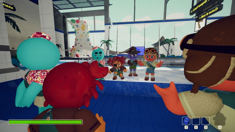 Screenshot from the video game PEAK. Shot from the 1st person perspective of one of 4 scouts posing in front of a mirror wall in an airport terminal. There's a climbing wall in the background. An airplane and palm trees can be seen outside through the glass on the opposite wall. The scouts are wearing uniforms and various amusing hats, such as a crab and a pilot cap. 