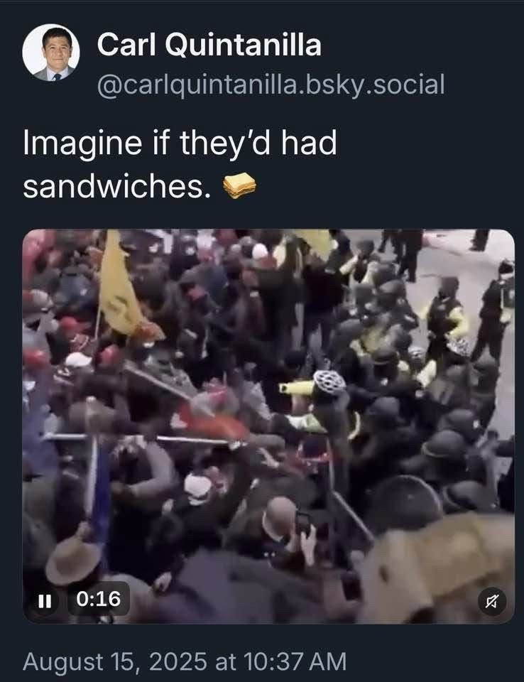 Picture of January 6 rioters attacking police; the text above the picture says “imagine if they’d had sandwiches”
