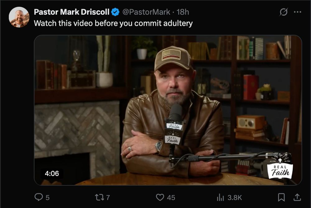 Tweet by weird misogynist pastor Mark Driscoll "Watch this video before you commit adultery"