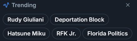 Trending topics on Bluesky. "Rudy Giuliani", "Deportation Block", "Hatsune Miku", "R F K Junior" and "Florida Politics".