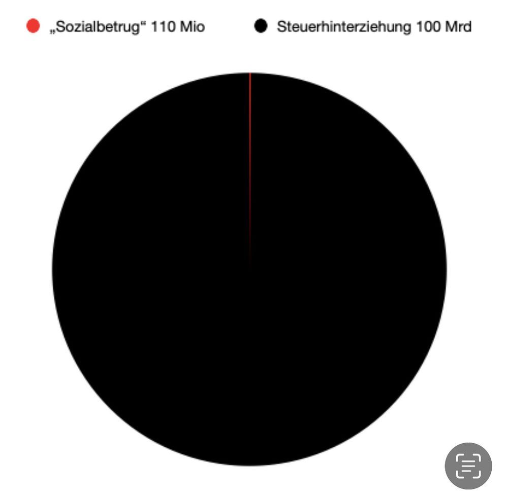 Tortengrafik rot/schwarz mit kaum zu erkennenden roten Stück
Rot = "Sozialbetrug" 110 Millionen
Schwarz= Steuerhinterziehung 100 Milliarden
Also das Ein tausendfache.