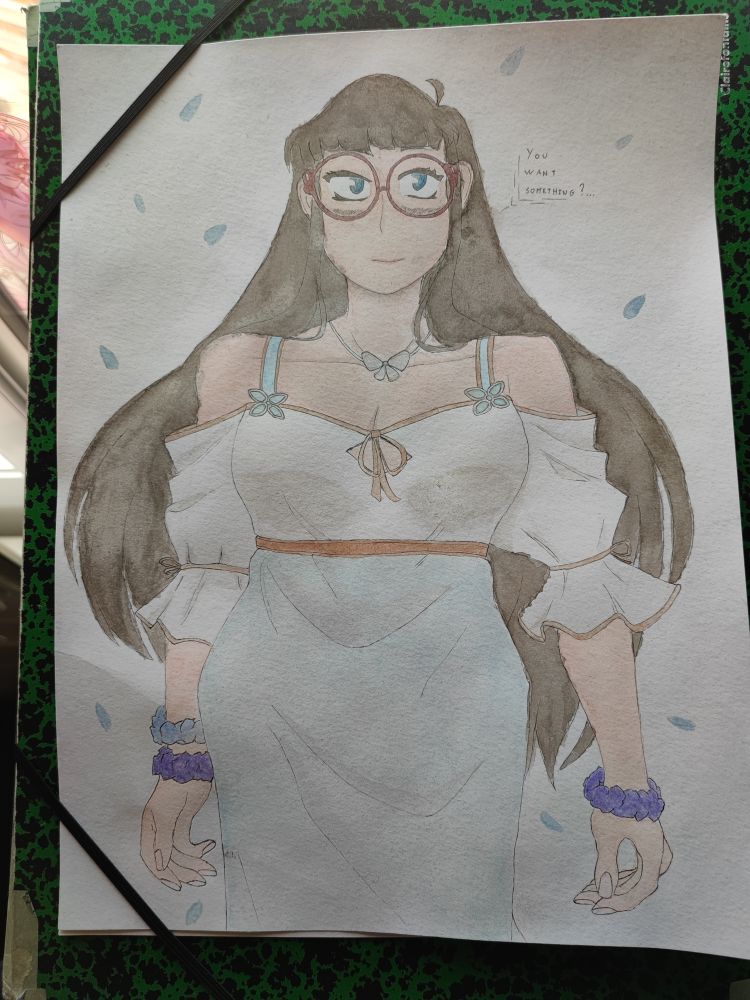 Watercolour of Noelyn in their seamstress outfit