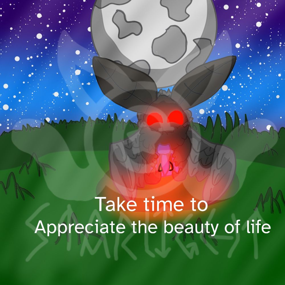 The cryptid Mothman sitting in a field under a moon with a lantern in its grip, it appears to be looking at the beautiful night sky and stars.