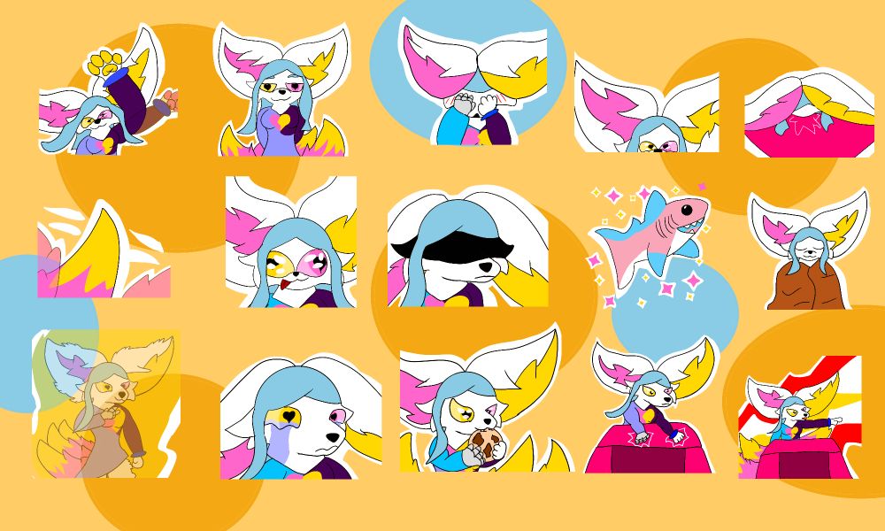 A set of stickers of Rose's fursona in various emotions and poses like crying, waving, comfortable, and more.
