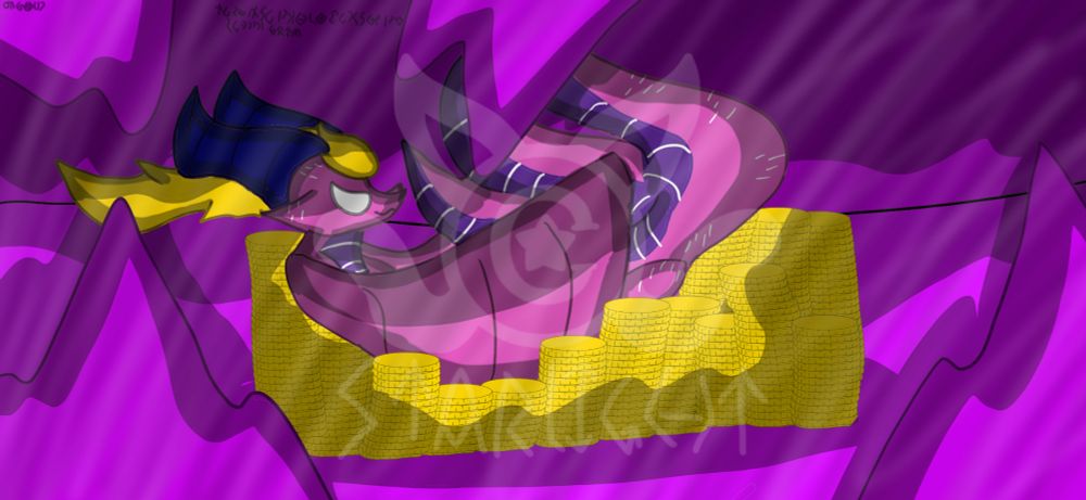 A pink dragon with silver eyes and a golden mane laying on a pile of gold coins in the middle of a cave.
