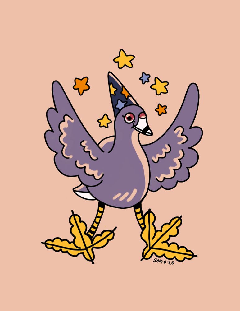 A flat colored illustration of an american coot. Its wings are outstretched, it’s lobed feet facing forward. It is wearing a pointed wizard hat decorated with stars, and there are cartoon stars above it’s wings.
