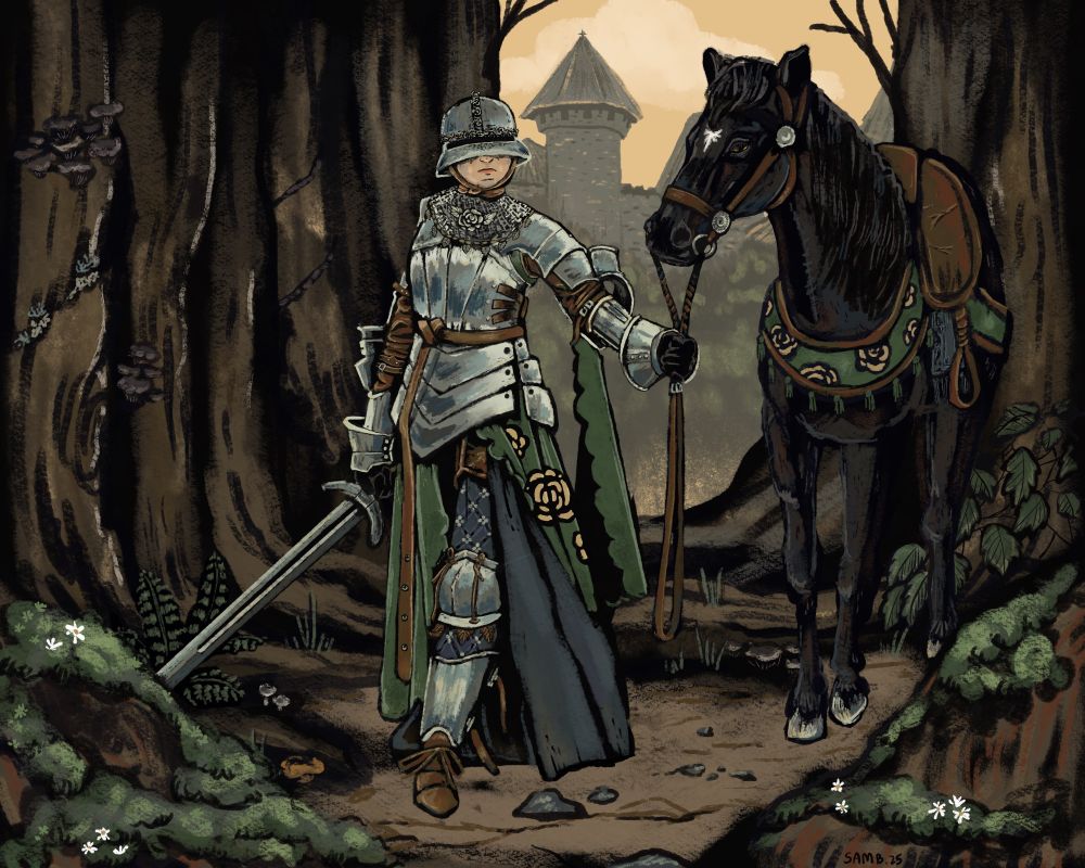 A person in armor leads their black horse through a dim forest. In the background, a castle shimmers orange through a break in the trees. The trees are surrounded by ferns, lichen, moss, and fungi. The knight has silver armor, including a helm that covers their eyes, a chainmail cowl, a breastplate, and gauntlets. Their sword is drawn. Under their armor they are wearing a long skirt in green covered in gold roses. Their horses tack is covered in the same fabric.