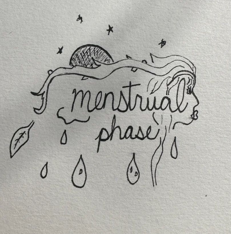 hand drawn doodle of the words “menstrual phase” in cursive with the face of a woman facing right whose hair becomes a branch. a leaf is falling, and so are drops of blood. A moon and stars are at the top. 