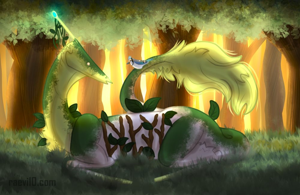 a large monster like creature sitting in the grass among several trees, the creature is long and thin with a triangle head and long neck thats a light green the body fades to blue and the tail to green again, the body is overed in leaves and moss and has a ribcage of sticks, on the tail is a bluejay that the creature has turned over its shoulder to look at, sun is peaking behind them through the trees illuminating their backs