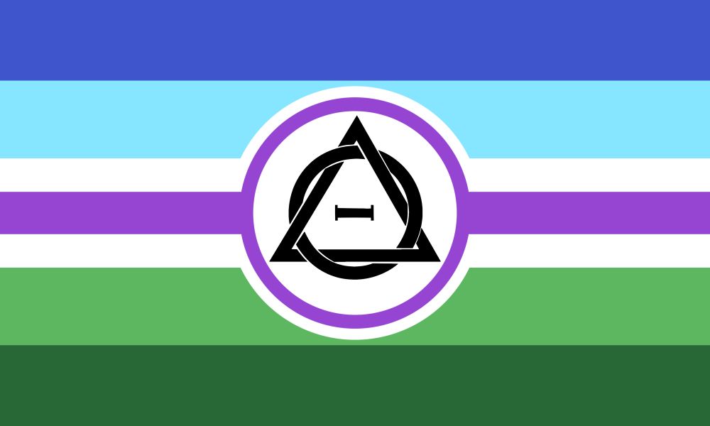 a therian flag, the middle stripe is purple, outlined by white, in the center is a circle trimmed in the purple housing the therian symbol, the bottom stripe is dark green, second is light green, above the white is light blue, and then dark blue on top