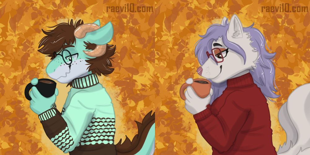 two busts in the same pose of holding a mug up to  their lips while wearing a sweater, the first is a mint green kobold with brown hair in a mint and brown sweater with a black mug, the other is a white fox with purple hair in a red sweater with an orange mug