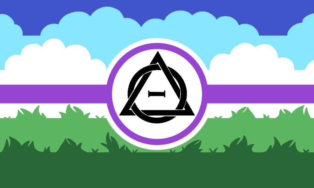 a therian flag, the two bottom stripes are dark green then lighter, both with grass patterning, the middle is white with purple in the center, and a circle in the center with the therian symbol, above the white/ purple stripe is a light blue then dark blue in the shape of clouds