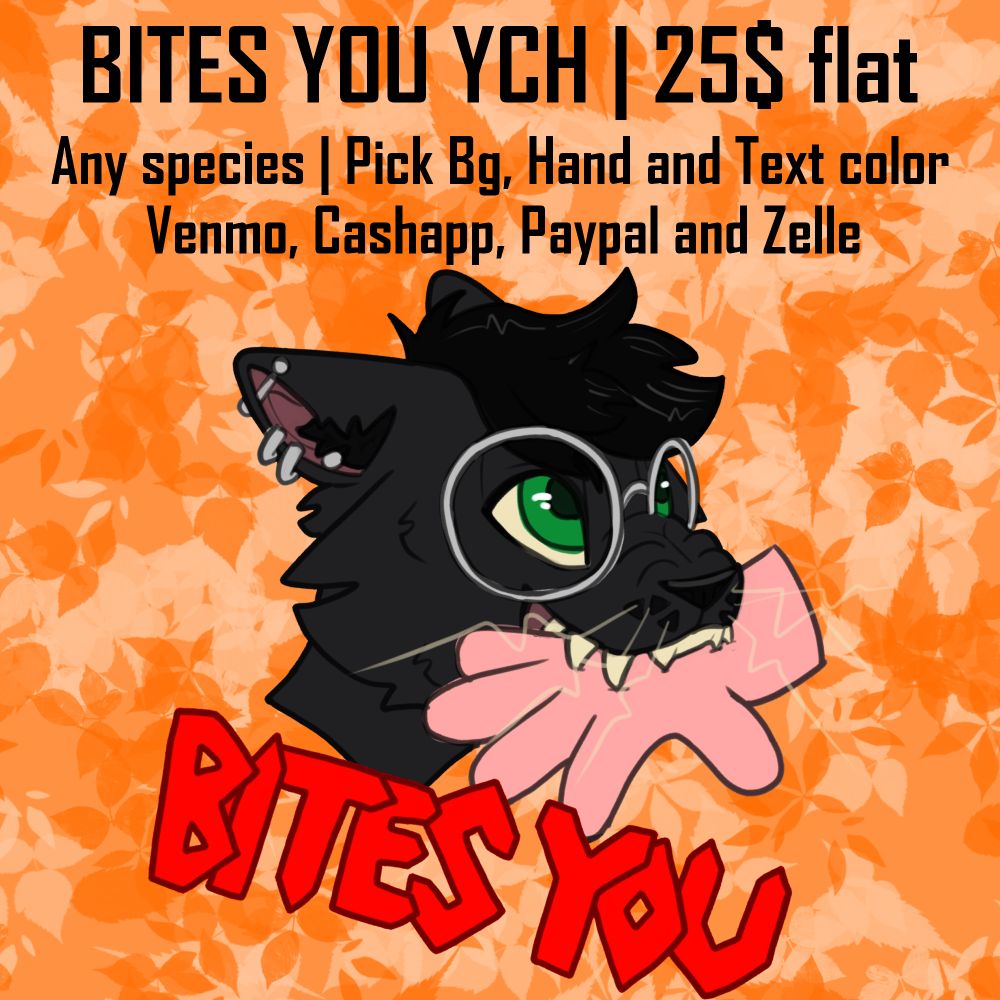 a black anthro cat with green eyes and oversize round silver glasses biting a red ghost hand, below the neck it says bites you in red pointy bubble text