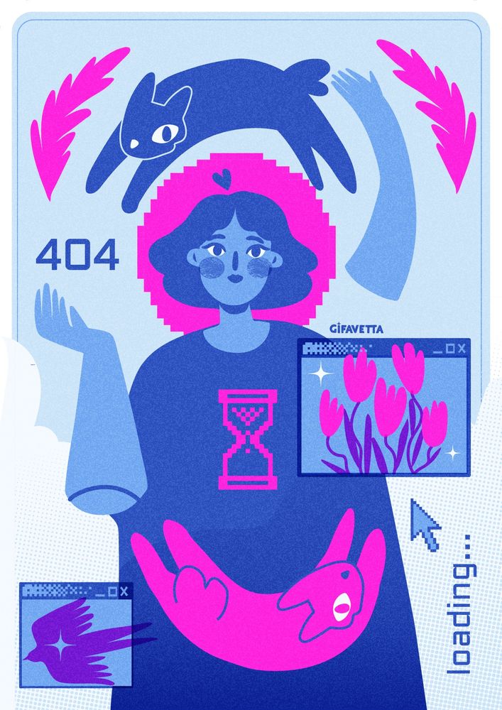 ilustração de garota com icones e janelas de computador