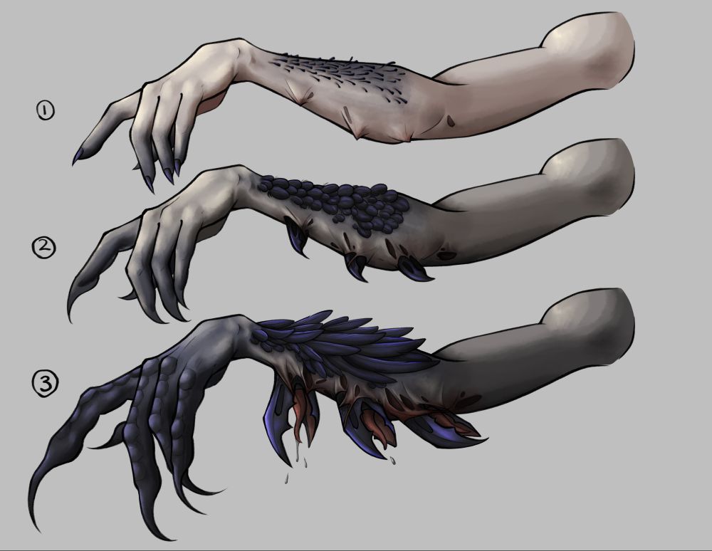 3 arms that progressively mutate with claws, crow feathers, and beaks ripping out of the skin.
