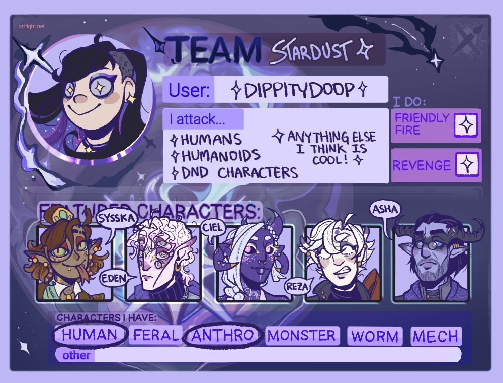 A Team Stardust card for Artfight 2024. It lists the user as dippitydoop and features drawings of a few of my DnD characters.