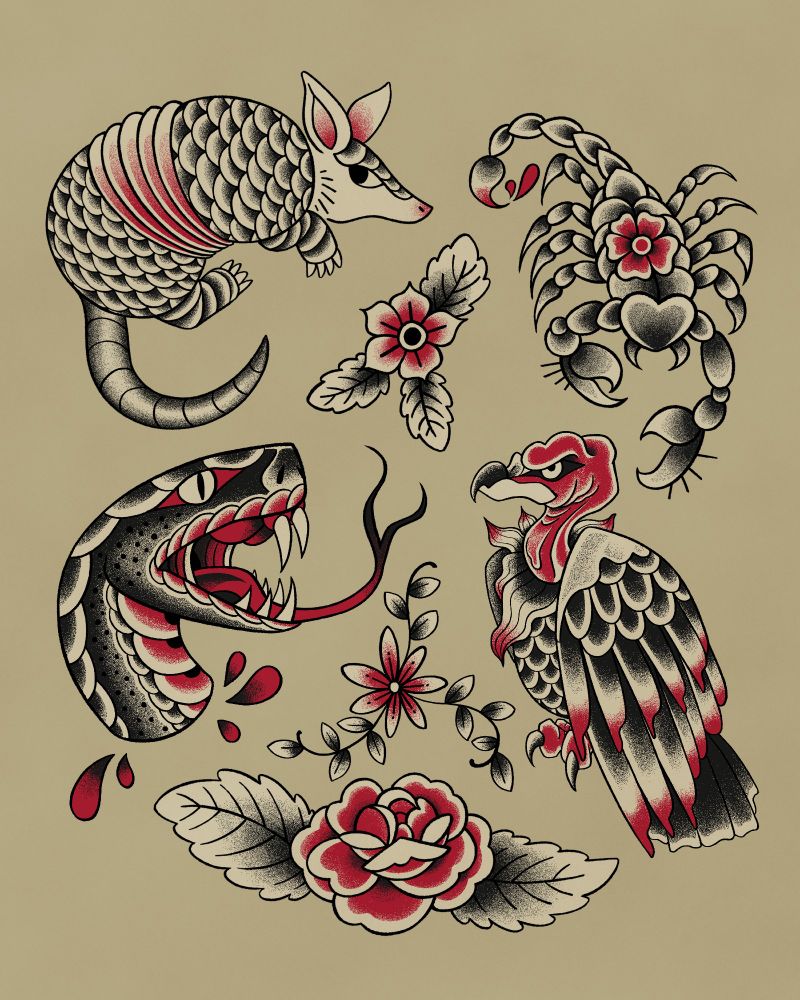 An American Traditional tattoo flash sheet featuring an armadillo, a scorpion, a poppy, a snake head, another flower, a vulture, and a rose. They are all rendered in ivory, black, and red.