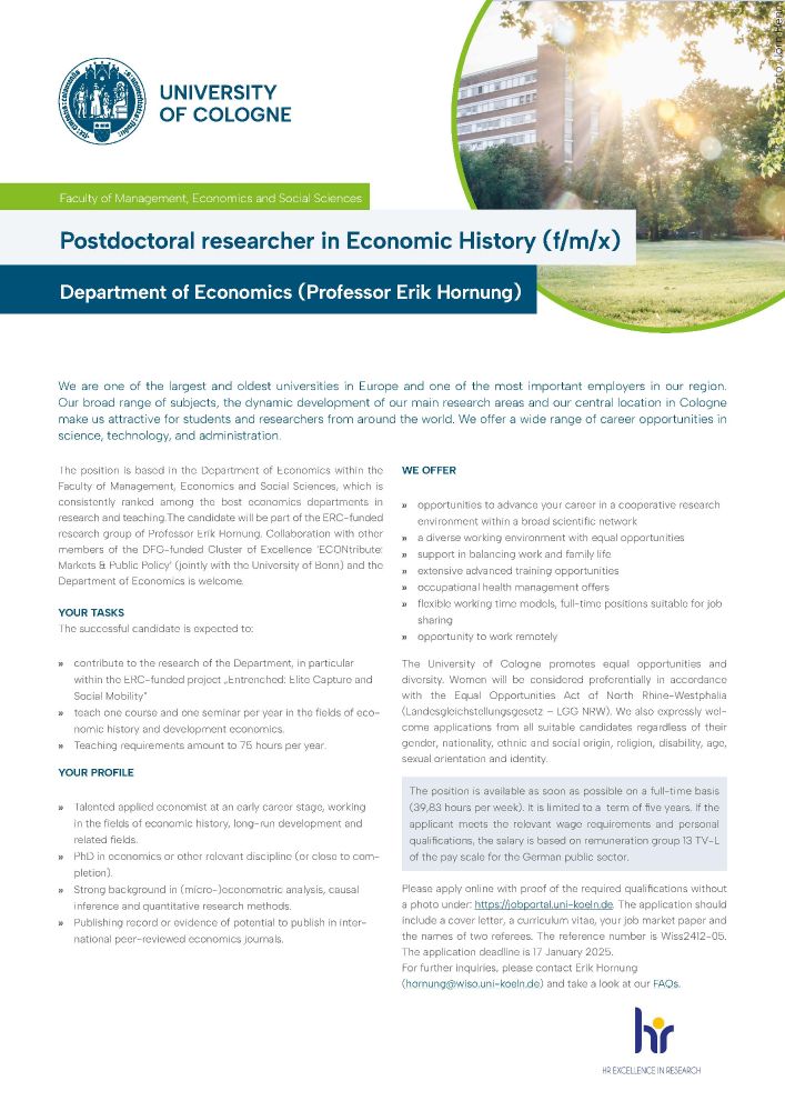 Job announcement for Postdoctoral Researcher in Economic History
