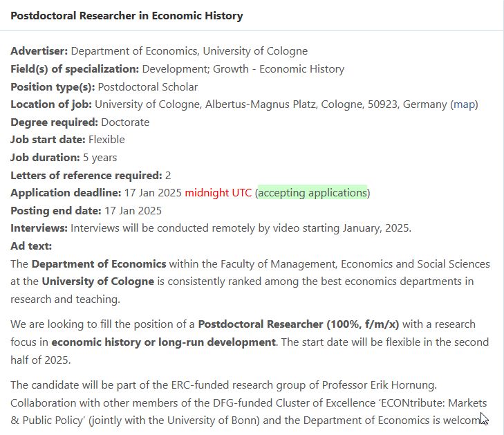 Job announcement for Postdoctoral Researcher in Economic History